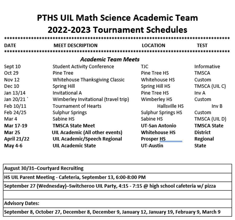 Math Science Schedule 2022-2023