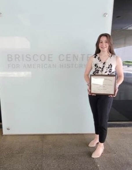 Riley Seidel, Barbara Jordan Historical Essay State Finalist  In front of the Briscoe Center at the UT-Austin Library to Archive Her Essay