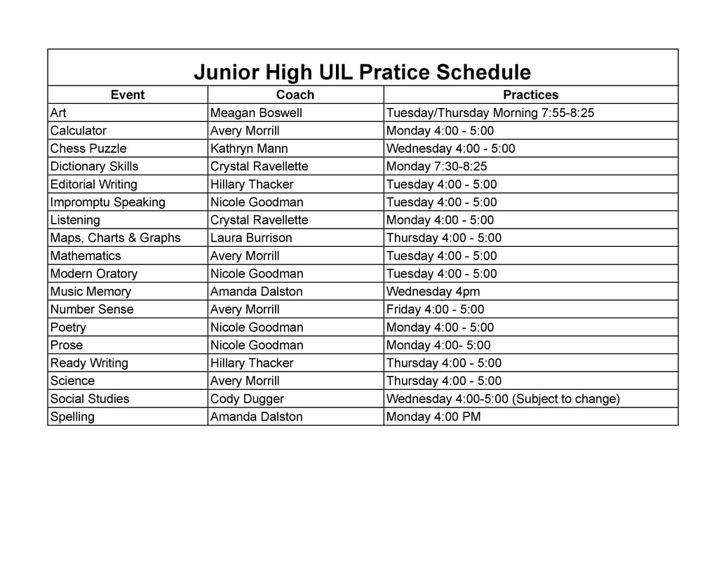 Jr Hi UIL Practice Schedule